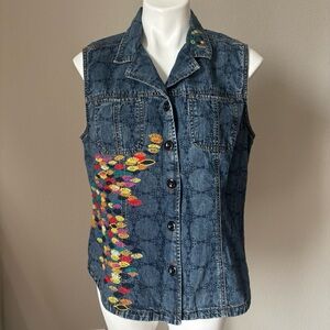 Vintage Chico's Embroidered Rainbow School Of Fish Denim Vest Womens Size Large